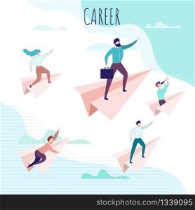 Career Progression Poster with People Characters, Male Office Workers Flying on Paper Planes. Leadership and Discovery, Goal and Startup. Business Success. Vector Flat Cartoon Illustration. Career Poster with People Flying on Paper Planes