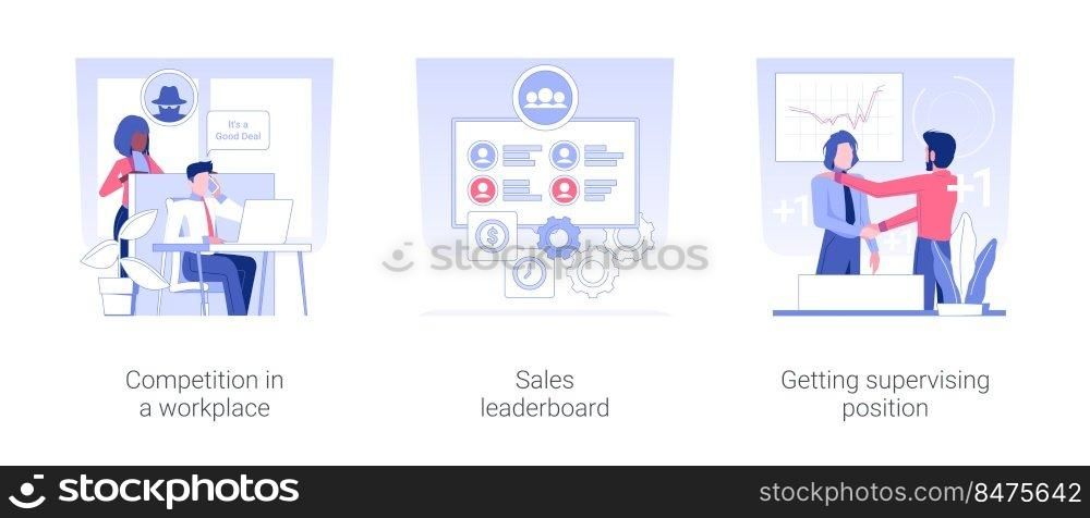Career promotion isolated concept vector illustration set. Competition in a workplace, sales leaderboard, getting supervising position, HR management, human resources vector cartoon.. Career promotion isolated concept vector illustrations.