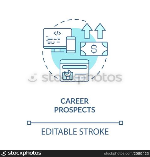 Career prospects turquoise concept icon. Programmer job advancement abstract idea thin line illustration. Isolated outline drawing. Editable stroke. Roboto-Medium, Myriad Pro-Bold fonts used. Career prospects turquoise concept icon