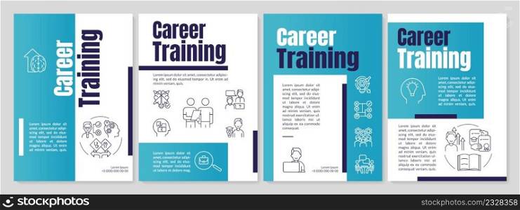 Career training programs cyan brochure template. Choose desirable career field. Leaflet design with linear icons. 4 vector layouts for presentation, annual reports. Anton, Lato Regular fonts used. Career training programs cyan brochure template