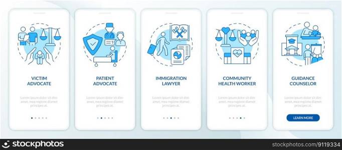 Careers in advocacy blue onboarding mobile app screen. Lawyer jobs walkthrough 5 steps editable graphic instructions with linear concepts. UI, UX, GUI template. Myriad Pro-Bold, Regular fonts used. Careers in advocacy blue onboarding mobile app screen