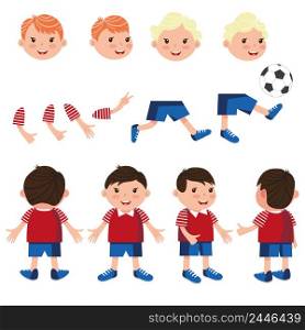 Carefree boys characters set with different poses, gestures. Animation constructor, front, back and side view. Can be used for topics like football player, hobby, recreation. Carefree boys characters set with different poses