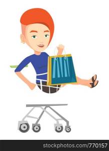 Carefree customer having fun while riding by shopping trolley. Caucasian woman with a lot of shopping bags sitting in shopping trolley. Vector flat design illustration isolated on white background.. Happy woman riding by shopping trolley.