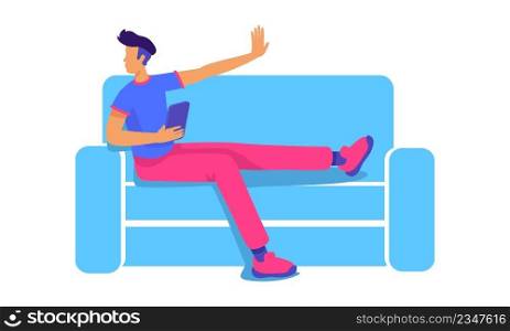 Carefree guy with tablet sitting on sofa semi flat color vector character. Full body person on white. Spending time with gadget simple cartoon style illustration for web graphic design and animation. Carefree guy with tablet sitting on sofa semi flat color vector character
