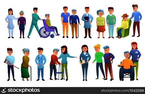 Caregiver icons set. Cartoon set of caregiver vector icons for web design. Caregiver icons set, cartoon style