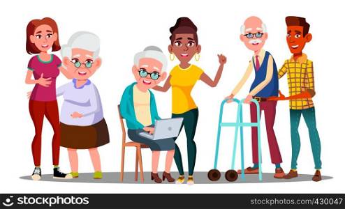 Caregivers, Volunteers, Grandparents, Grandkids Vector Cartoon Characters. Young Caregivers, Students, Teenagers Helping Elderly People. Senior Man, Woman with Children. Age Gap Flat Illustration. Caregivers, Volunteers, Grandparents, Grandkids Vector Cartoon Characters