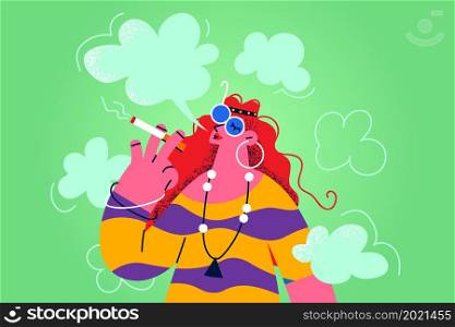 Careless hippie woman relax smoke weed enjoy free life. Happy calm 70s female with marijuana or cannabis cigarette show freedom and openness. Subculture, culture movement. Vector illustration. . Hippie woman smoke weed enjoy free life