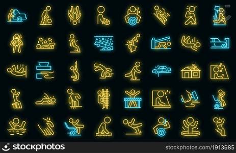Careless person icons set. Outline set of careless person vector icons neon color on black. Careless person icons set vector neon