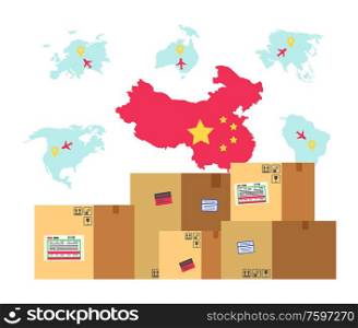 Cargo and China map with flag vector, location pointers and flights destinations, parcels with goods and production made in Asian country flat style. China Map with Flag and Production in Parcels
