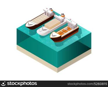 Cargo Boats Isometric Composition. Ships isometric set with three heavily laden cargo boat vessels with shadows on sea water surface vector illustration