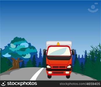 Cargo car on road. The Cargo car on road in wood in winter.Vector illustration