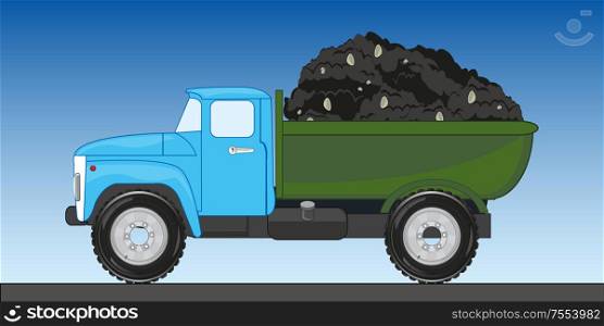 Cargo car zil carries heap of ground in basket. Vector illustration of the cargo car with soil in basket