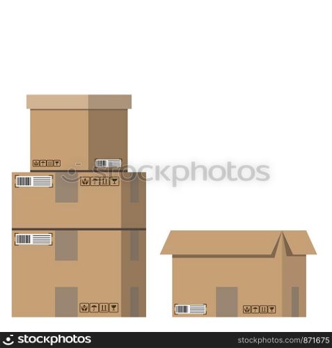 Cargo. Carton boxes with fragile signs and note tape. Moving. Vector illustration