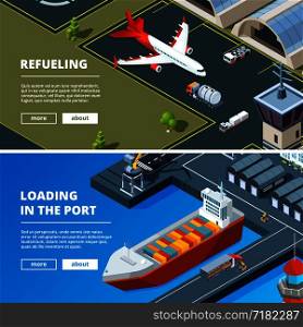 Cargo concept banners. Horizontal pictures of freight delivery transport. Transport freight, delivery cargo, logistic shipping container, transportation sea and air illustration. Cargo concept banners. Horizontal pictures of freight delivery transport