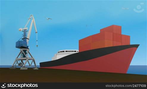 Cargo crane and container ship in port. Vector illustration.. Cargo crane and container ship in port.