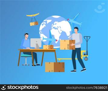 Cargo delivery abroad vector, people working with shipment and parcels packaging, man holding package working on laptop, globe image and text. Illustration for delivering website in flat style. We Deliver Your Cargo Anywhere in World Website