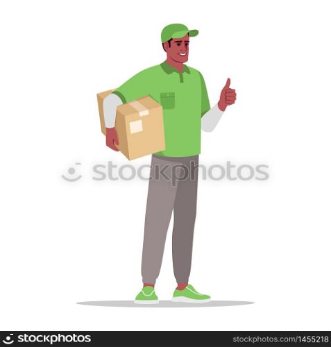 Cargo delivery semi flat RGB color vector illustration. Deliveryman holding cardboard box. Courier with parcel. African american postman in green uniform isolated cartoon character on white background. Cargo delivery semi flat RGB color vector illustration