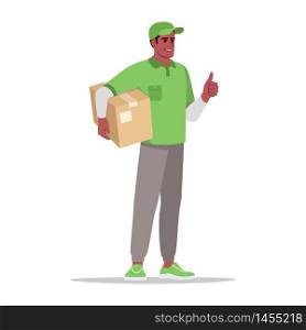 Cargo delivery semi flat RGB color vector illustration. Deliveryman holding cardboard box. Courier with parcel. African american postman in green uniform isolated cartoon character on white background. Cargo delivery semi flat RGB color vector illustration