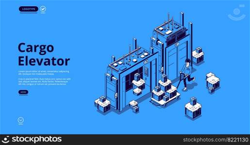 Cargo elevator isometric landing page. Worker character with boxes on manual trolley use freight lift. Man with parcels pile enter open doors in industrial center or mall 3d vector line art web banner. Cargo elevator or lift isometric landing page