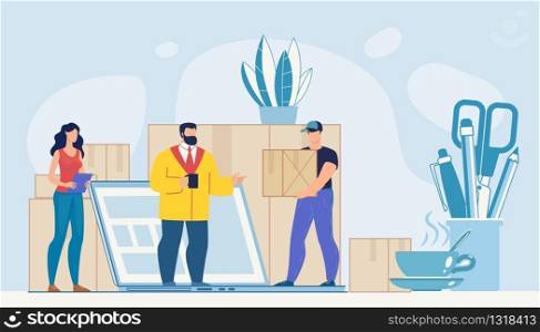 Cargo Goods Delivery to Office Online Service Advertisement. Boss Chief and Assistant Speaking with Courier. Deliveryman Carrying Large Parcel Box. People Working with Shipment Parcels on Huge Laptop. Delivery to Office Online Service Advertisement