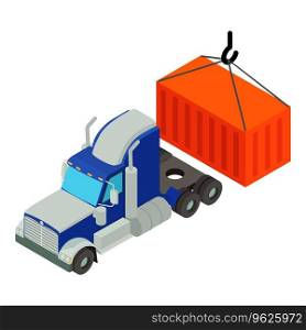 Cargo insurance icon isometric vector. Big truck and red cargo container icon. Shipping insurance. Cargo insurance icon isometric vector. Big truck and red cargo container icon