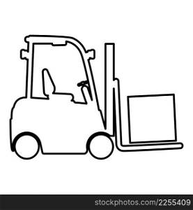 Cargo loading machine forklift truck for lifting box goods in warehouse fork lift loader freight contour outline line icon black color vector illustration image thin flat style simple. Cargo loading machine forklift truck for lifting box goods in warehouse fork lift loader freight contour outline line icon black color vector illustration image thin flat style