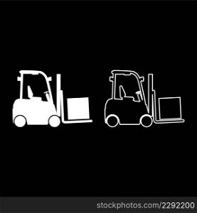 Cargo loading machine forklift truck for lifting box goods in warehouse fork lift loader freight set icon white color vector illustration image simple solid fill outline contour line thin flat style. Cargo loading machine forklift truck for lifting box goods in warehouse fork lift loader freight set icon white color vector illustration image solid fill outline contour line thin flat style