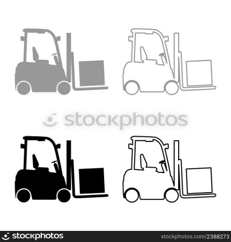 Cargo loading machine forklift truck for lifting box goods in warehouse fork lift loader freight set icon grey black color vector illustration image simple solid fill outline contour line thin flat style. Cargo loading machine forklift truck for lifting box goods in warehouse fork lift loader freight set icon grey black color vector illustration image solid fill outline contour line thin flat style