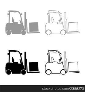 Cargo loading machine forklift truck for lifting box goods in warehouse fork lift loader freight set icon grey black color vector illustration image simple solid fill outline contour line thin flat style. Cargo loading machine forklift truck for lifting box goods in warehouse fork lift loader freight set icon grey black color vector illustration image solid fill outline contour line thin flat style