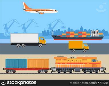 Cargo logistics transportation. Ship, truck, car, train, airplane. import export transport industry. Global freight transportation. Vector illustration in flat style. Cargo logistics transportation