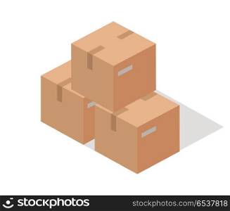 Cargo Paper Boxes Isolated on White. Isometric 3d. Cargo paper boxes isolated on white. Isometric 3d cartoon boxes. Carton box, paper box, cartoon frame, warehouse box, cardboard container isometric, cargo carton box. Vector illustration