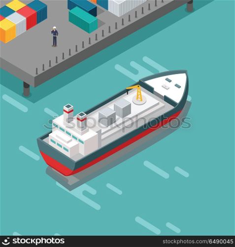 Cargo port vector illustration. Isometric projection. Ship with steel containers standing on the berth at the port, worker in helmet ashore. Transatlantic carriage. For delivery company adertising. Cargo Port Illustration in Isometric Projection. Cargo Port Illustration in Isometric Projection