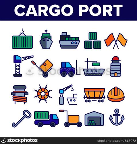 Cargo Port Vector Thin Line Icons Collection. Cargo Port Vehicles, Transportation Equipment Linear Illustrations. Industrial Loading Machinery. Ships, Containers, Warehouse Outline Pictograms. Cargo Port Vector Thin Line Icons Collection