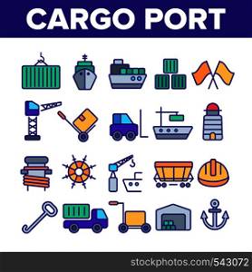 Cargo Port Vector Thin Line Icons Collection. Cargo Port Vehicles, Transportation Equipment Linear Illustrations. Industrial Loading Machinery. Ships, Containers, Warehouse Outline Pictograms. Cargo Port Vector Thin Line Icons Collection