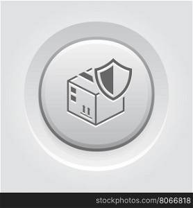 Cargo Protection Icon. Grey Button Design.. Cargo Protection Icon. Grey Button Design. Security concept with a cardbox and a shield. Isolated Illustration. App Symbol or UI element.