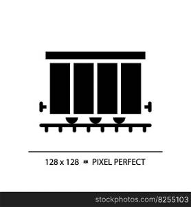 Cargo railroad carriage pixel perfect black glyph icon. Wagon train. Freight transport. Railway container. Silhouette symbol on white space. Solid pictogram. Vector isolated illustration. Cargo railroad carriage pixel perfect black glyph icon