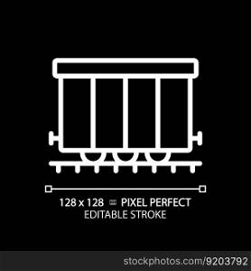 Cargo railroad carriage pixel perfect white linear icon for dark theme. Wagon train. Freight transport. Railway container. Thin line illustration. Isolated symbol for night mode. Editable stroke. Cargo railroad carriage pixel perfect white linear icon for dark theme