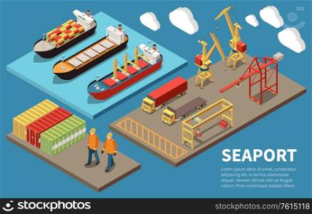 Cargo seaport container ships loading unloading cranes bulk carrier freight trucks deck workers 3 isometric compositions vector illustration