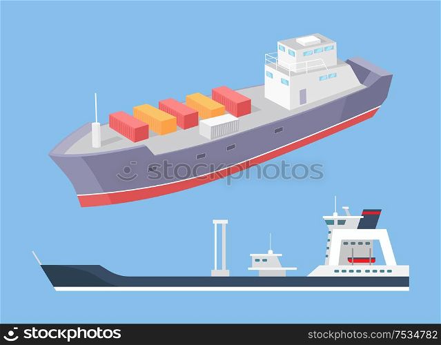 Cargo ship and rescue police boat marine vessels vector icons isolated on blue. Transportation boat full of containers export goods, shipping and delivering. Cargo Ship and Rescue Police Boat Marine Vessels