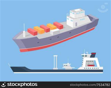 Cargo ship and rescue police boat marine vessels vector icons isolated on blue. Transportation boat full of containers export goods, shipping and delivering. Cargo Ship and Rescue Police Boat Marine Vessels