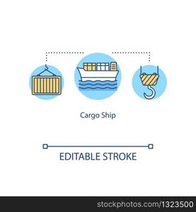 Cargo ship concept icon. Loading container on ship. Storage for goods on boat. Water vessel logistic idea thin line illustration. Vector isolated outline RGB color drawing. Editable stroke