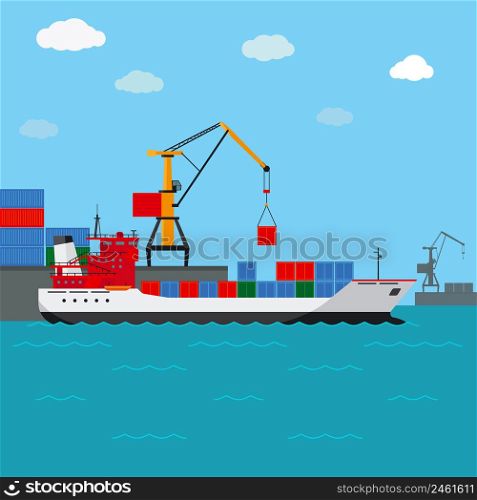 Cargo ship. Freight shipping by water. Transport and container, industrial and logistic, vector illustration. Cargo ship. Freight shipping by water