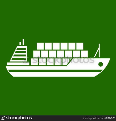 Cargo ship icon white isolated on green background. Vector illustration. Cargo ship icon green
