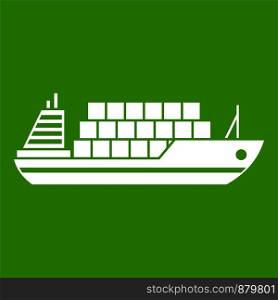 Cargo ship icon white isolated on green background. Vector illustration. Cargo ship icon green