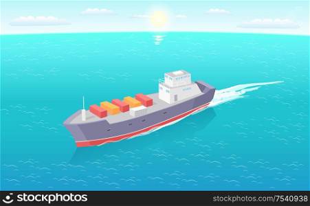 Cargo ship leaves trace in sea or ocean, marine commercial vessel. Transportation boat full of containers export goods, shipping and delivering by water. Cargo Ship Leaves Trace in Sea Marine Vessel Icon