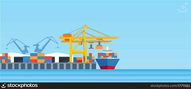 Cargo ship loading in city port. Cranes on dockside, pier unloading shipping containers from freight vessel to shore. Vector illustration in flat style. Metropolis cargo seaport