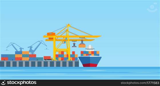 Cargo ship loading in city port. Cranes on dockside, pier unloading shipping containers from freight vessel to shore. Vector illustration in flat style. Metropolis cargo seaport