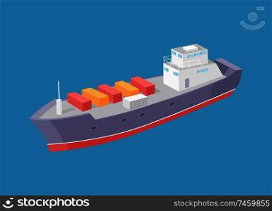 Cargo ship marine commercial vessel vector icon isolated on blue. Transportation boat full of containers export goods, shipping and delivering by water. Cargo Ship Marine Commercial Vessel Vector Icon