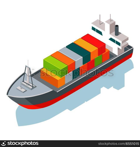 Cargo ship or container isolated on white. Multi-purpose vessel. Chemical or product tanker. Custom high speed picker boat. Carries cargo, goods, and materials from one port to another. Vector. Cargo Ship or Container Isolated on White. Vector
