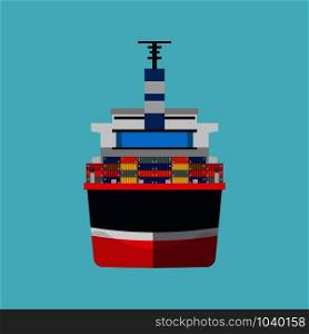 Cargo ship vector flat icon container transportation. Delivery boat front view industry vessel export. Ocean tanker global worldwide